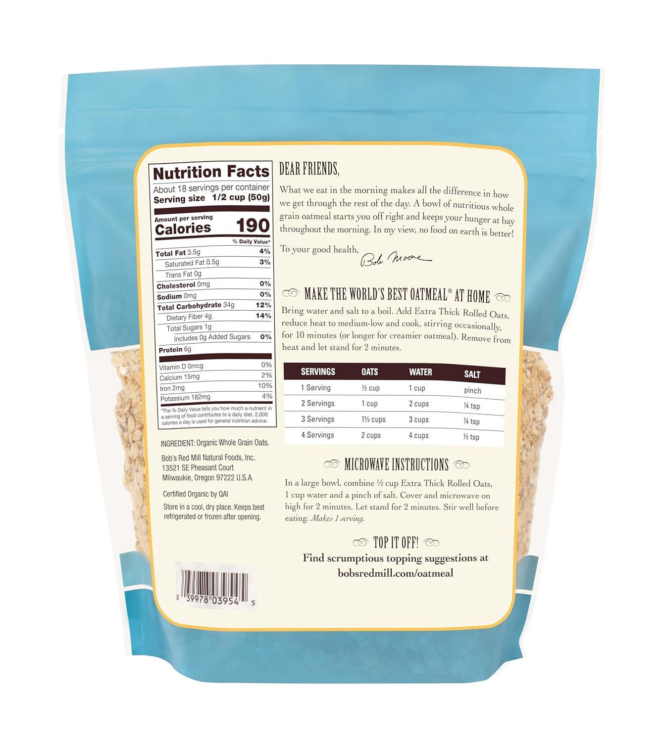 image:imageBobs Red Mill Organic Extra Thick Rolled Oats 32oz Pack of 4 Non GMO Whole Grain Vegan KosherOG Extra Thick