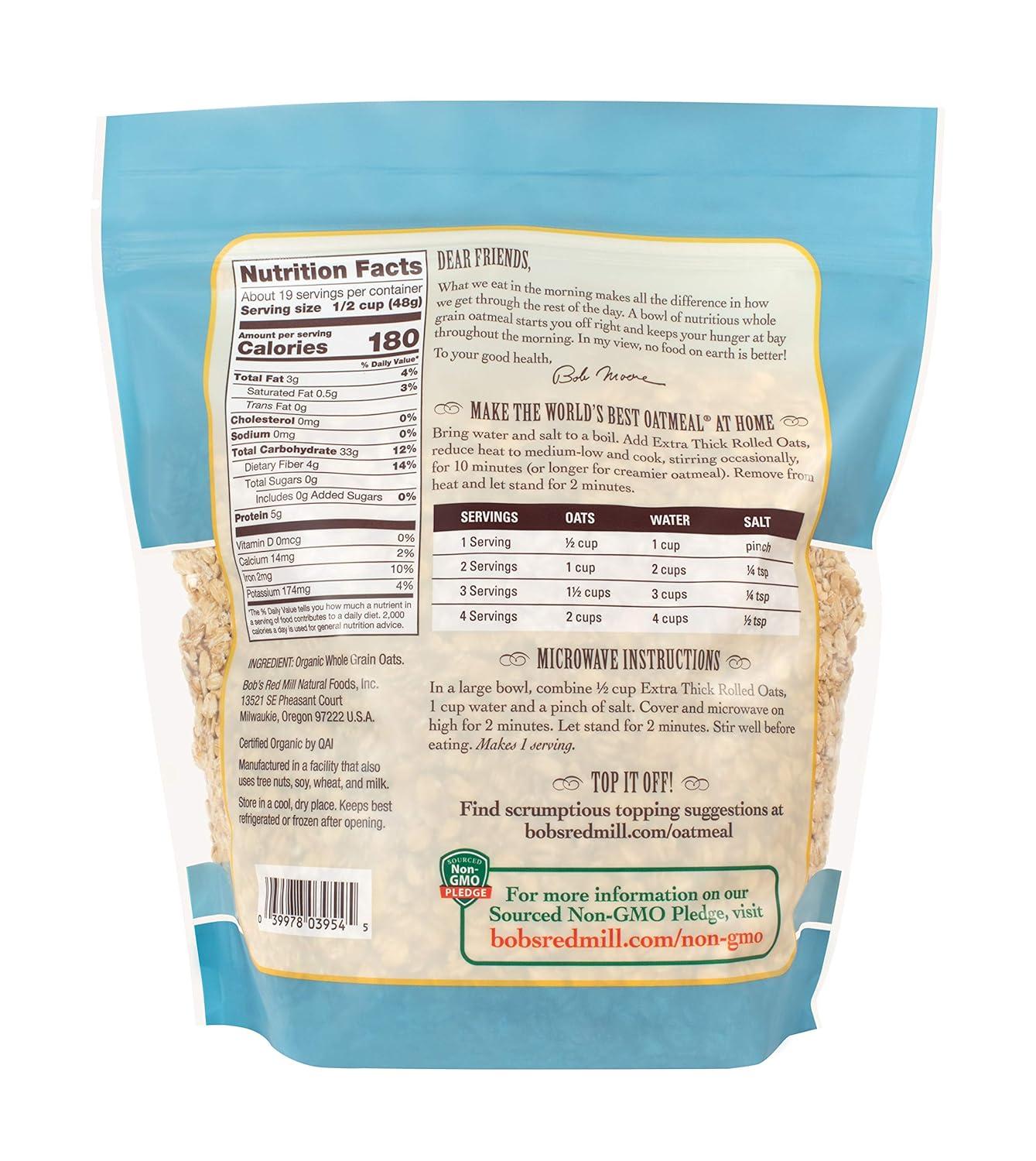 image:imageBobs Red Mill Organic Extra Thick Rolled Oats 32oz Pack of 4 Non GMO Whole Grain Vegan KosherOG Extra Thick