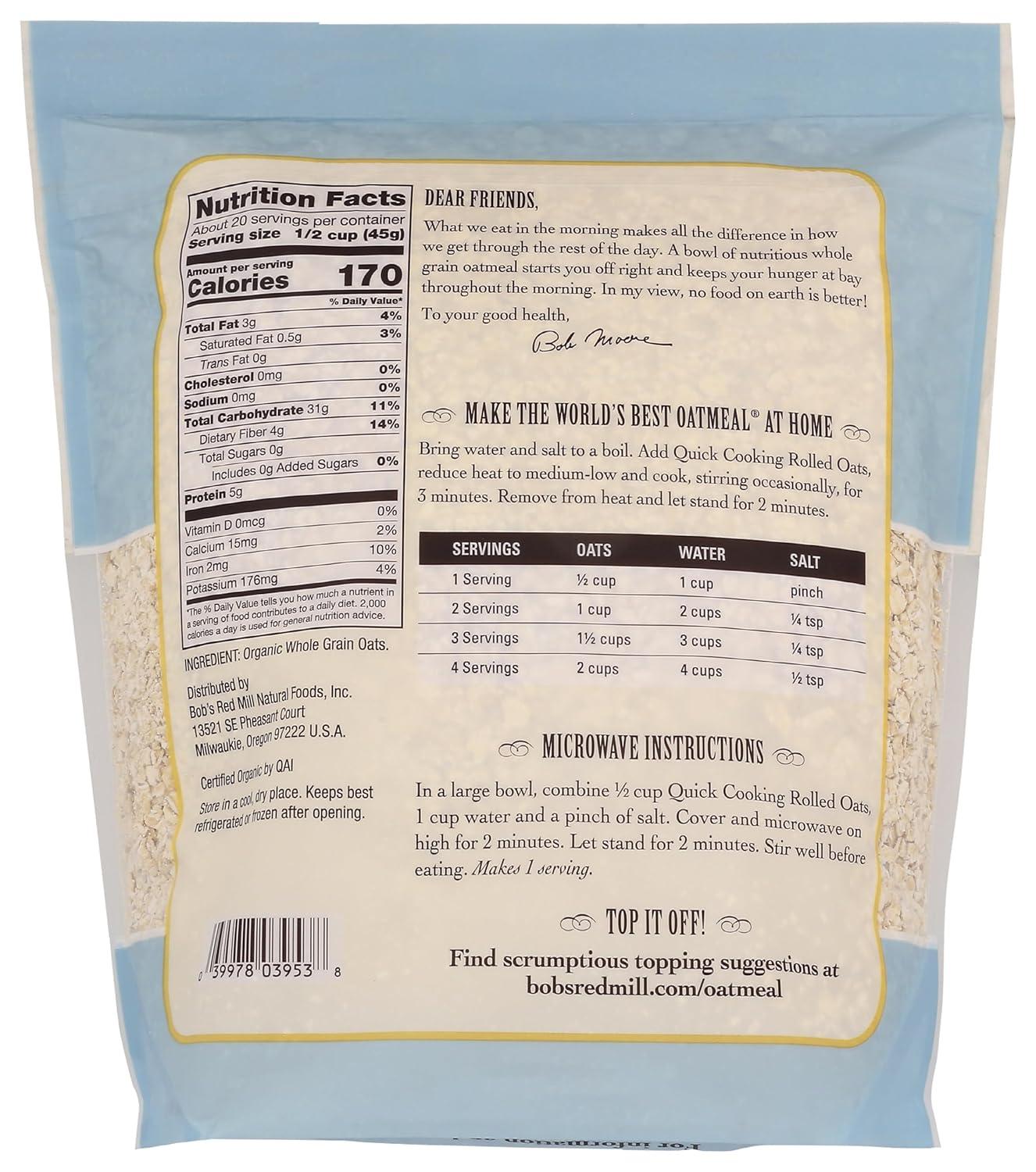 image:imageBobs Red Mill Organic Quick Cooking Rolled Oats 32oz Pack of 4 Non GMO Whole Grain Vegan KosherOG Quick