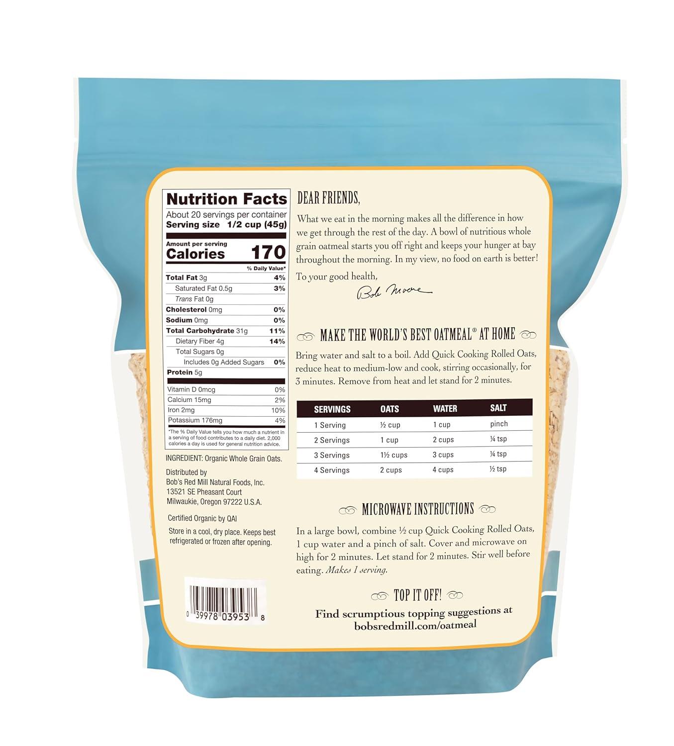 image:imageBobs Red Mill Organic Quick Cooking Rolled Oats 32oz Pack of 4 Non GMO Whole Grain Vegan KosherOG Quick