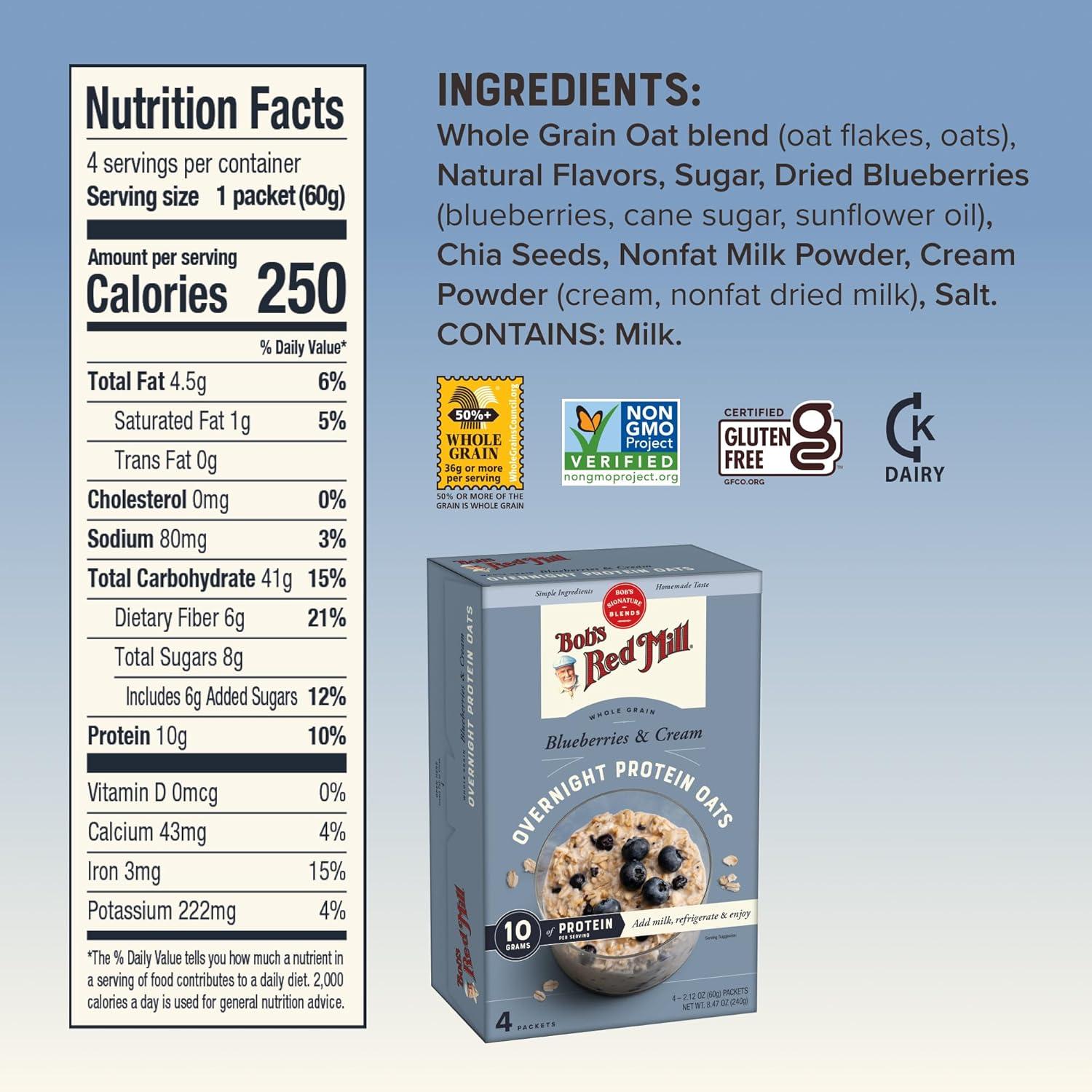 image:imageBobs Red Mill Overnight Protein Oat Vanilla Almond 16 Packets Total 4 Boxes4 Packets per Box NonGMO Gluten Free Whole GrainBlueberries Cream