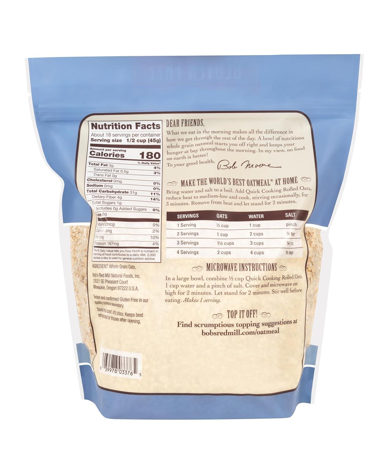 image:imageBobs Red Mill Gluten Free Quick Cooking Rolled Oats 28oz Pack of 4 Non GMO Whole Grain Vegan KosherGF Quick Rolled Oats