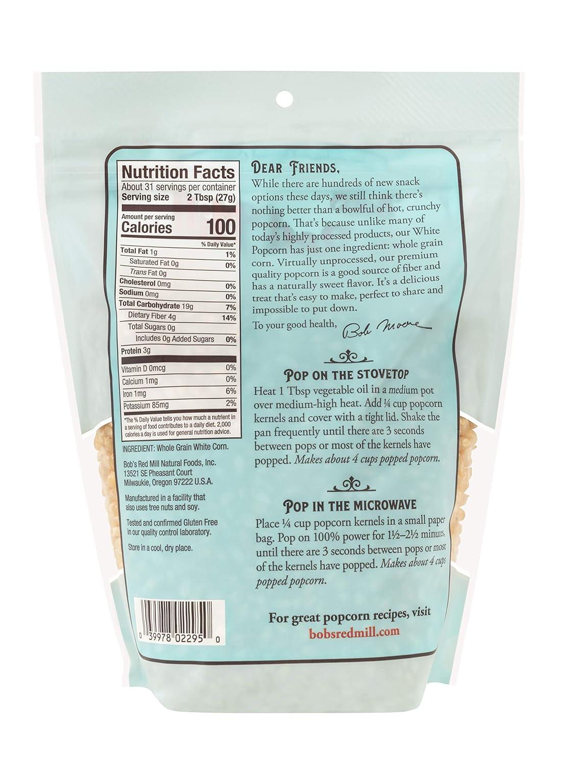 image:imageBobs Red Mill White Popcorn 30oz Pack of 4 Non GMO Whole Grain Vegan KosherResealable