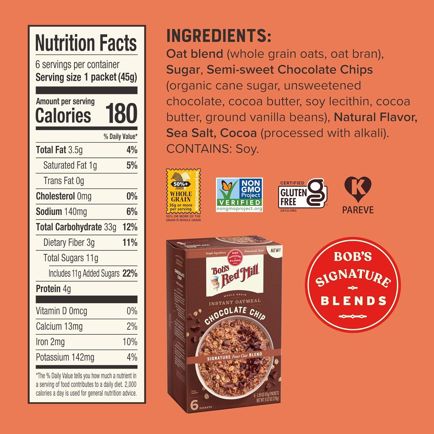 image:imageBobs Red Mill Instant Oatmeal Packets Chocolate Chip 1 Box6 Packets per Box NonGMO Gluten Free Whole GrainChocolate Chip