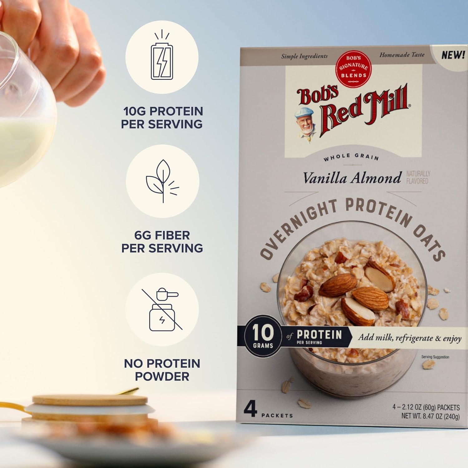 image:imageBobs Red Mill Overnight Protein Oat Packets Chocolate Hazelnut 4 Boxes4 Packets per Box NonGMO Gluten Free Whole GrainVanilla Almond