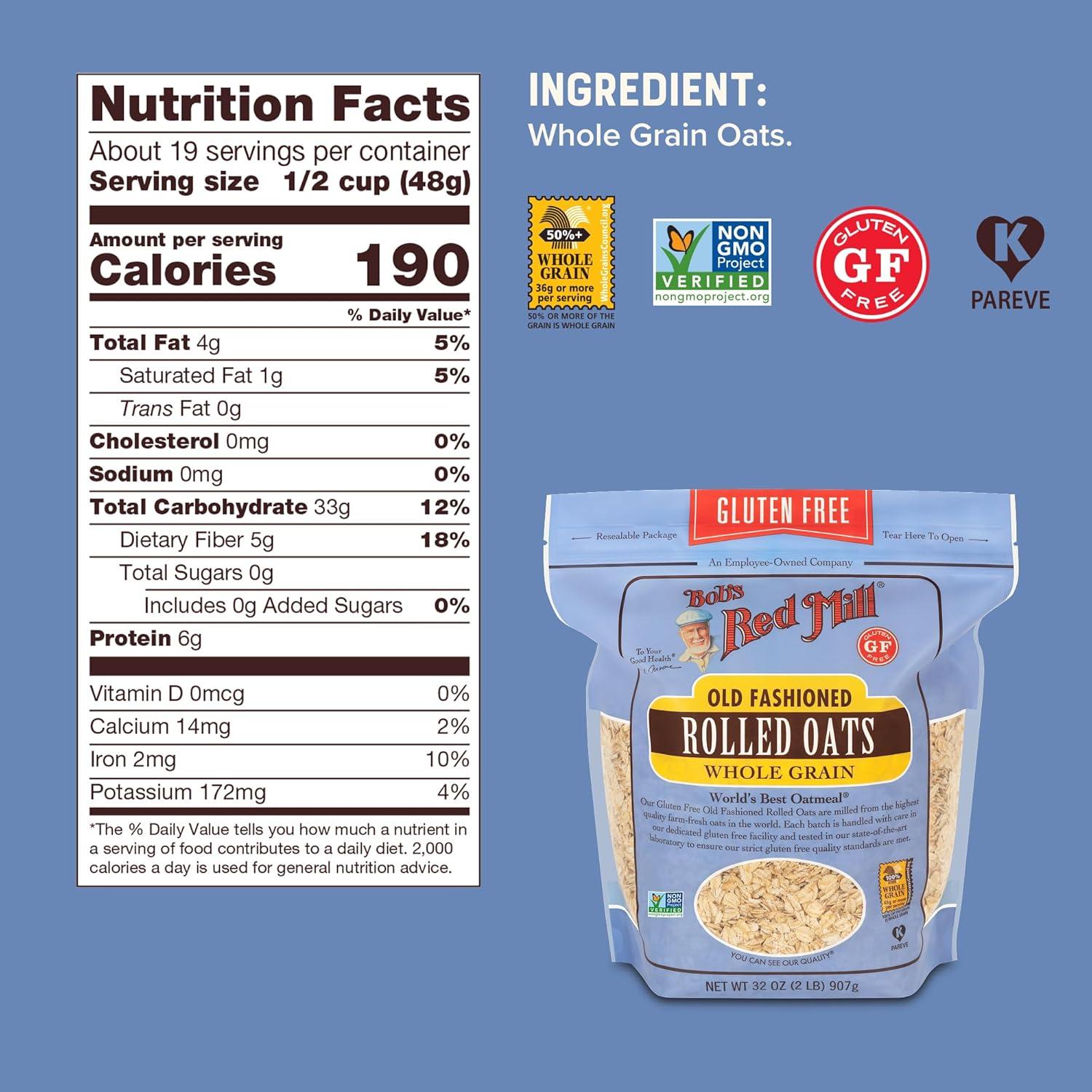image:imageBobs Red Mill Gluten Free Old Fashioned Rolled Oats 16oz Pack of 4 NonGMO Gluten Free Whole GrainGF Old Fashioned